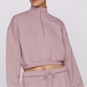 SKIMS COTTON FLEECE CROPPED HALF ZIP PULLOVER in Dusk